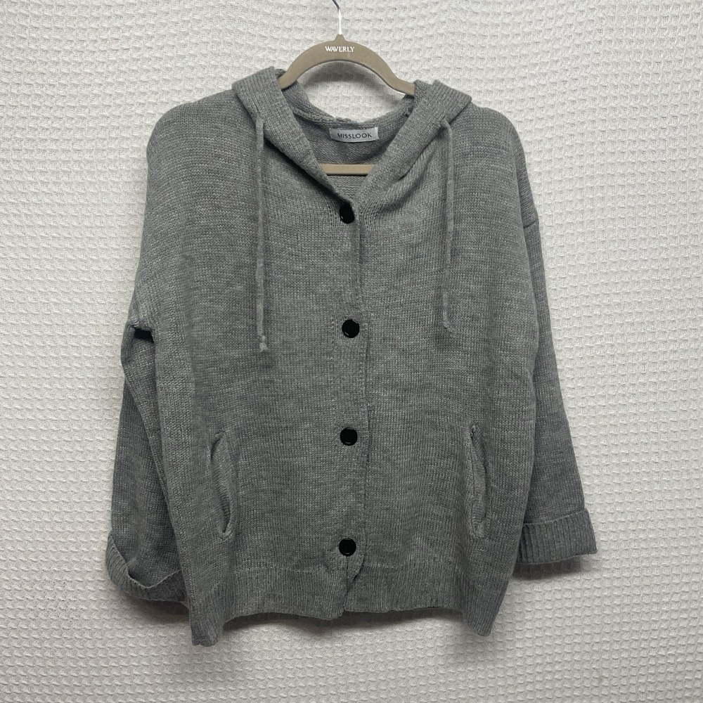 Misslook Womens Medium Gray Hooded Knit Cardigan Button Front Sweater Cozy Warm
